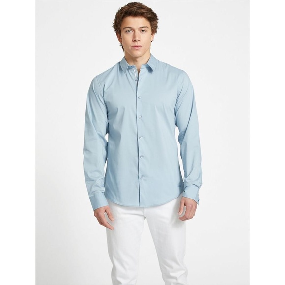 NWT GUESS Blue Easy Care Stretch Wrinkle Resistant Poplin Button Up Shirt MEDIUM - Picture 1 of 15